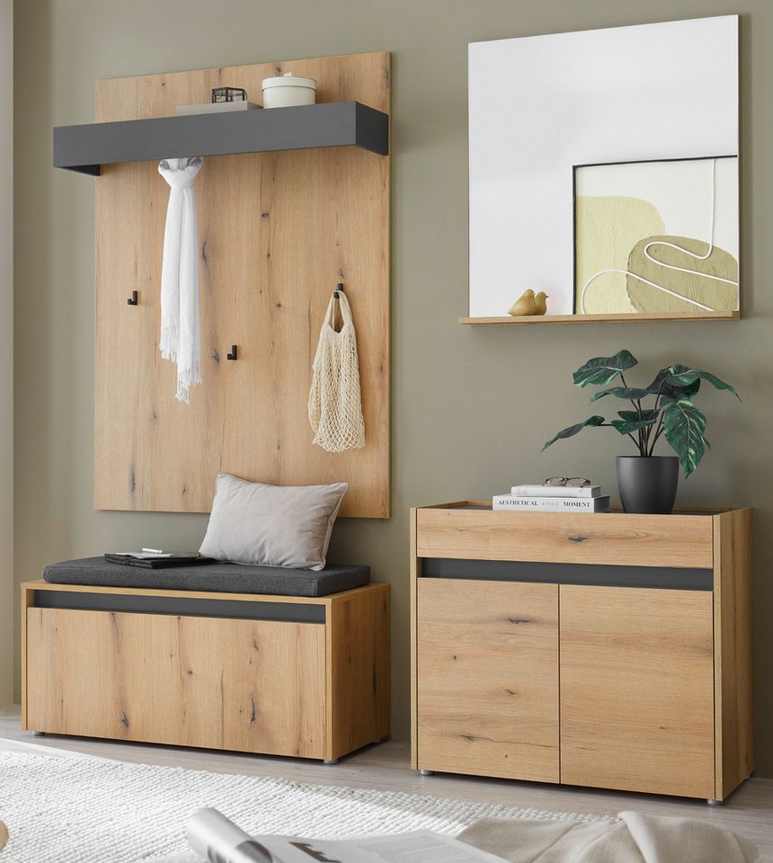Furn.Design Garderoben-Set Center, (Flurgarderobe in Eiche mit Grau, Set 4-teilig, 190 x 200 cm), mit Sitzkissen von Furn.Design