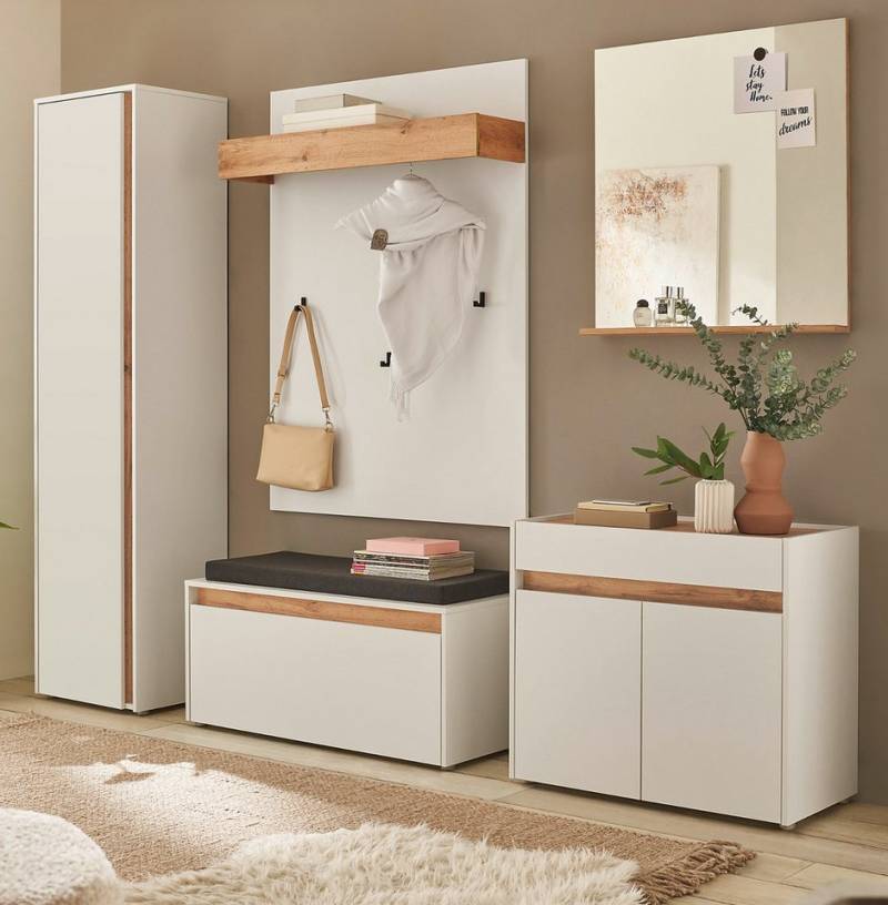 Furn.Design Garderoben-Set Center, (Flurgarderobe in weiß mit Wotan Eiche, 6-St., 260 cm), mit Spiegel von Furn.Design