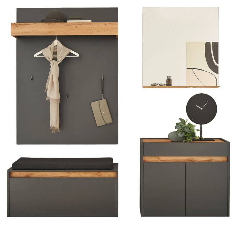 Furn.Design Garderoben-Set Center, (Kombination in grau matt mit Wotan Eiche, 5-St., 190 x 200 cm), mit Spiegel von Furn.Design