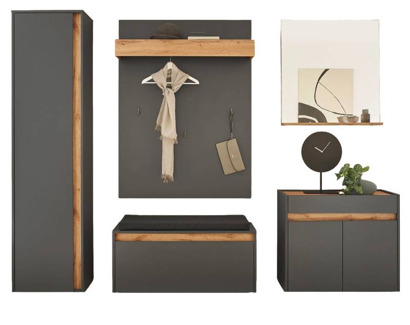 Furn.Design Garderoben-Set Center, (Kombination in grau matt mit Wotan Eiche, 6-St., 260 x 200 cm), mit Spiegel von Furn.Design
