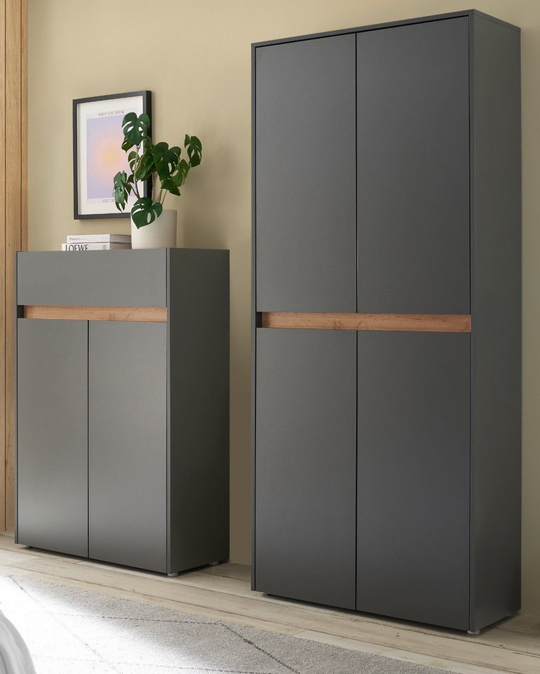 Furn.Design Garderoben-Set Center, (Kombination in grau mit Wotan Eiche, 2-St., Kommode und XXL Schuhschrank), 12 Fächer je 81 cm von Furn.Design