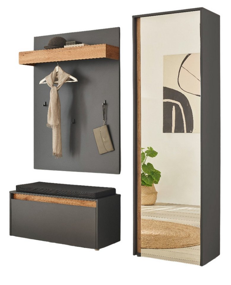 Furn.Design Garderoben-Set Center, (in grau matt und Wotan Eiche, 4-St., 170 x 200 cm), mit Spiegel von Furn.Design