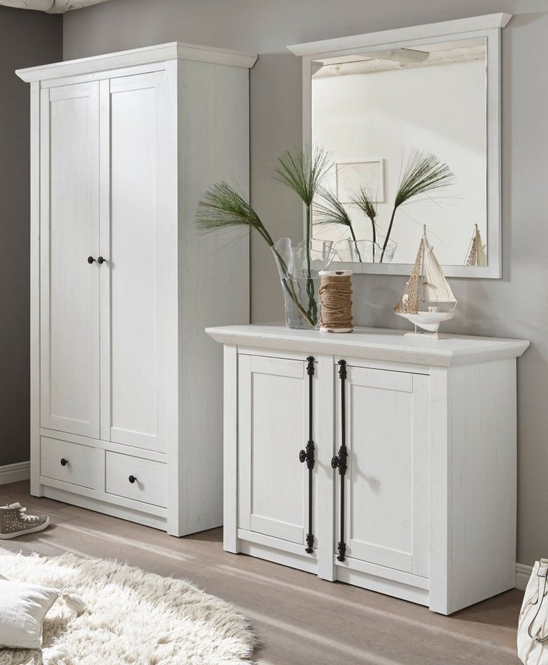 Furn.Design Garderoben-Set Hooge, (Flurgarderobe in Pinie weiß Landhaus, 3-St., Set 3-teilig, Breite ca. 220 cm), mit variabler Inneneinteilung von Furn.Design