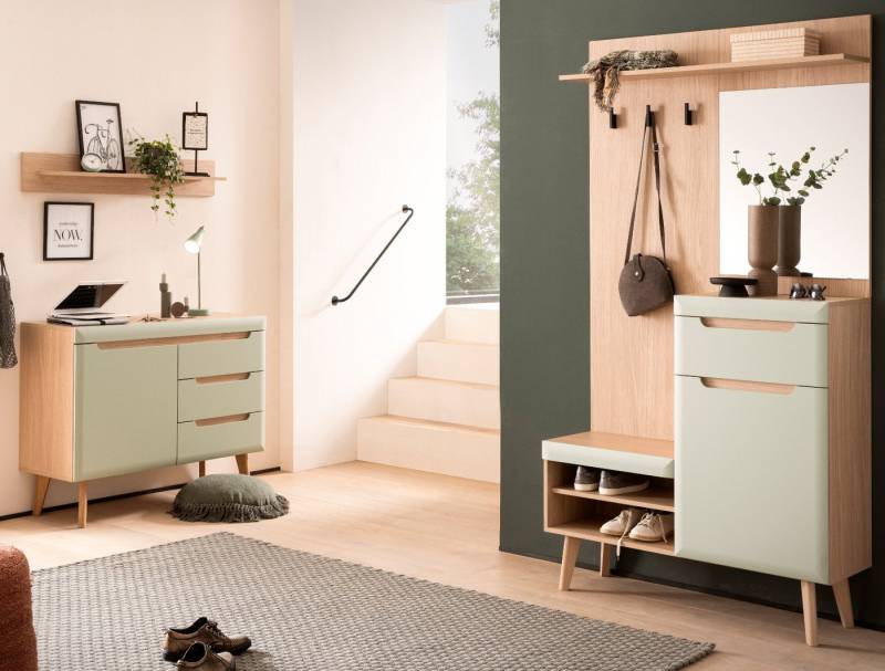 Furn.Design Garderoben-Set Isgard, (in Pistazie grün und Eiche, 3-St., Kompaktgarderobe, Regal und Kommode), mit Soft-Close-Funktion von Furn.Design