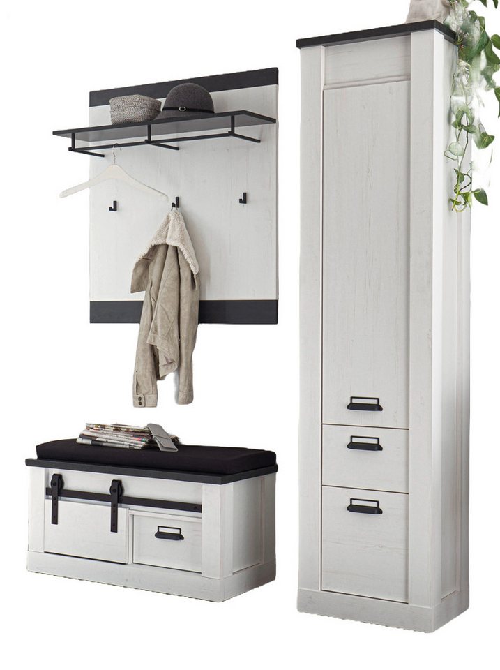 Furn.Design Garderoben-Set Stove, (Flurgarderobe in Pinie weiß Landhaus, 3-teilig), mit Soft-Close und Scheunentorbeschlag von Furn.Design