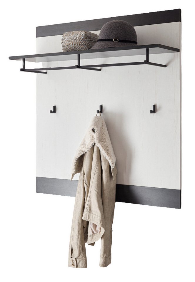 Furn.Design Garderobenpaneel Stove (Wandgarderobe in Pinie weiß Landhaus mit Anthrazit, 92 x 100 cm) von Furn.Design