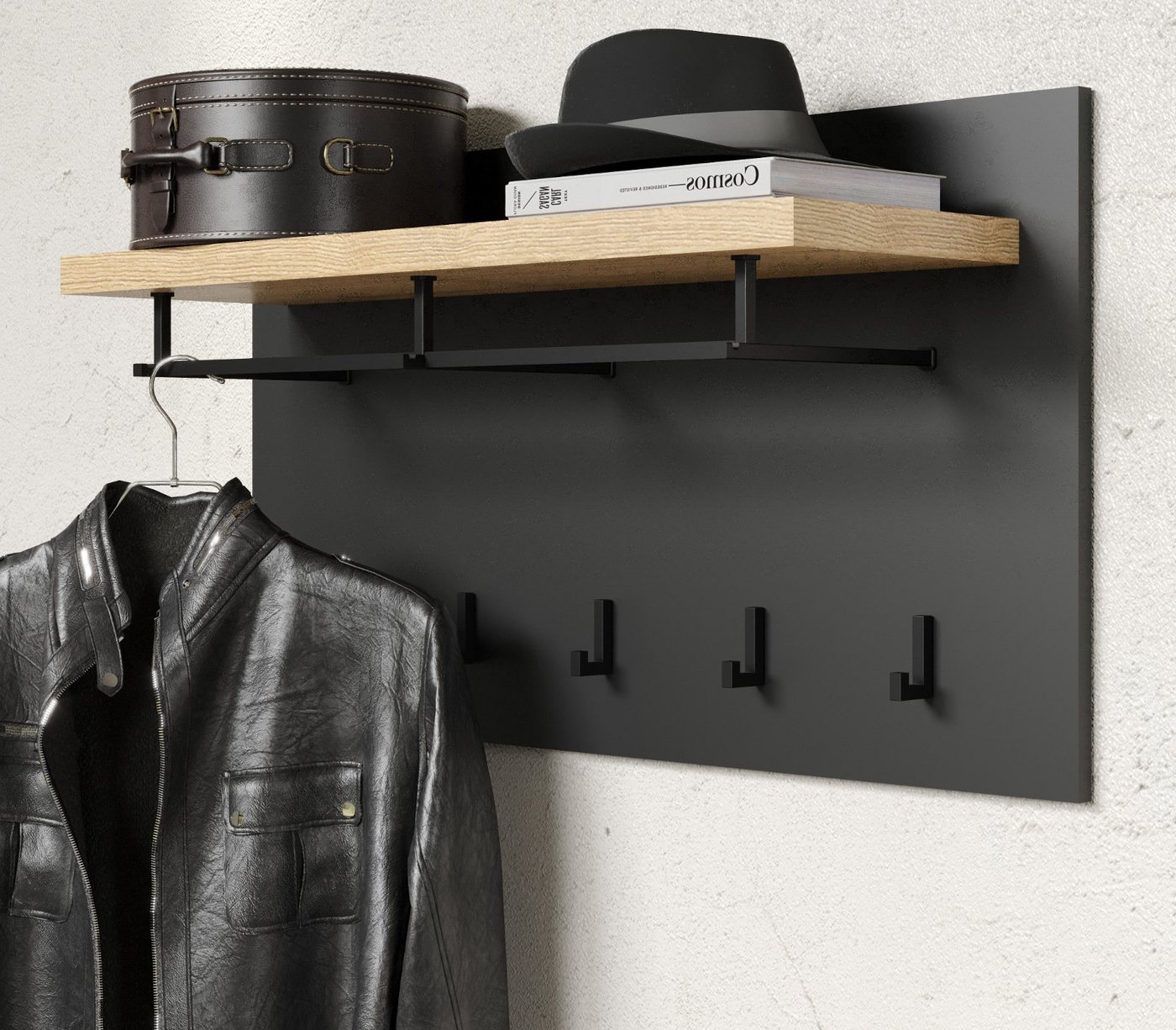 Furn.Design Garderobenpaneel Synnax (Wandgarderobe in grau mit Eiche, 90 x 50 cm), mit 8 Kleiderhaken von Furn.Design