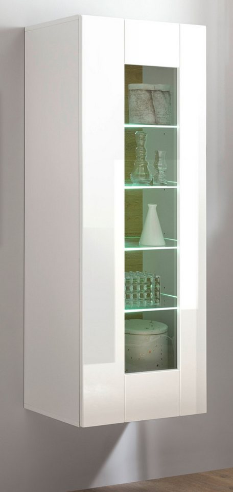 Furn.Design Hängevitrine Savanna (in weiß Hochglanz und Eiche, stehend oder hängend 45 x 131 cm) mit Push-to-Open Funktion von Furn.Design