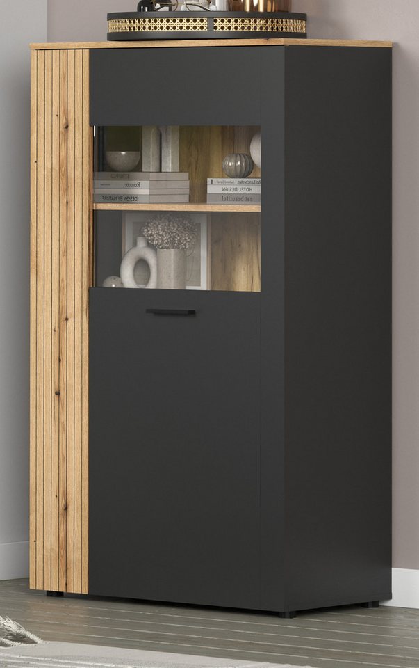 Furn.Design Highboard Avila (Kommode in matt grau und Evoke Eiche, 90 x 146 cm), mit Stabopotik von Furn.Design