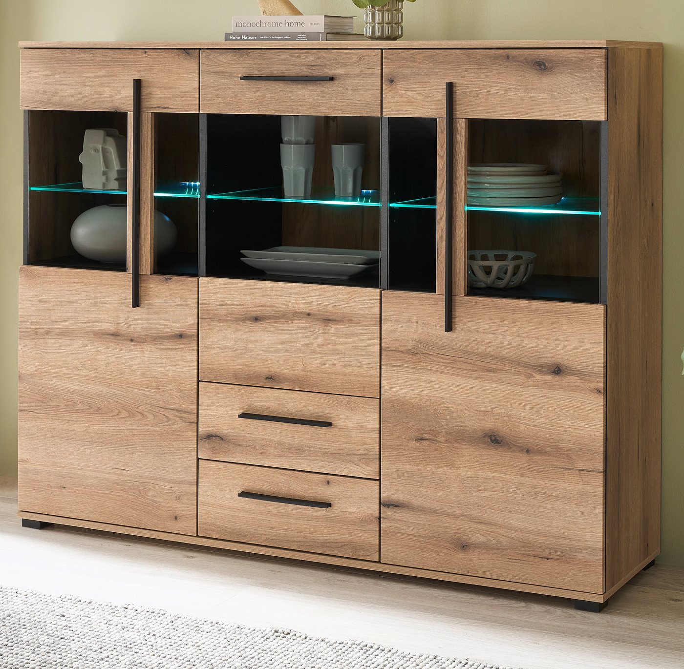Furn.Design Highboard Design-D (Vitrine in Evoke Eiche Dekor, 160 x 126 cm), 11 Fächer, Soft-Close-Funktion von Furn.Design