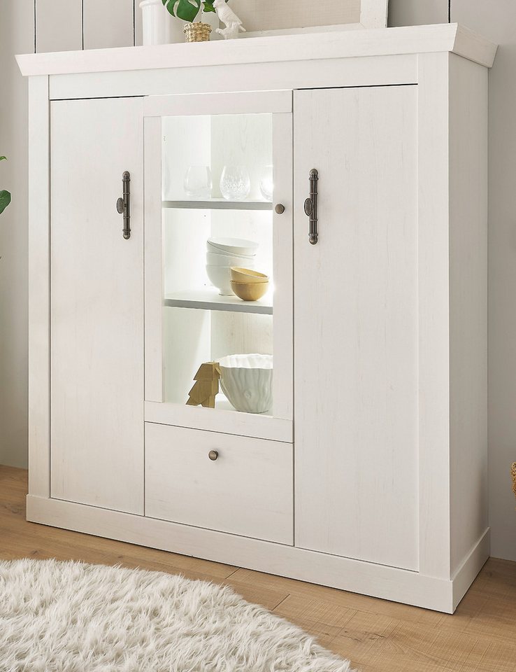 Furn.Design Highboard Fiastra (Hochkommode in Pinie weiß Landhaus, 140 x 146 cm), mit Metallgriffen und Soft-Close-Funktion von Furn.Design
