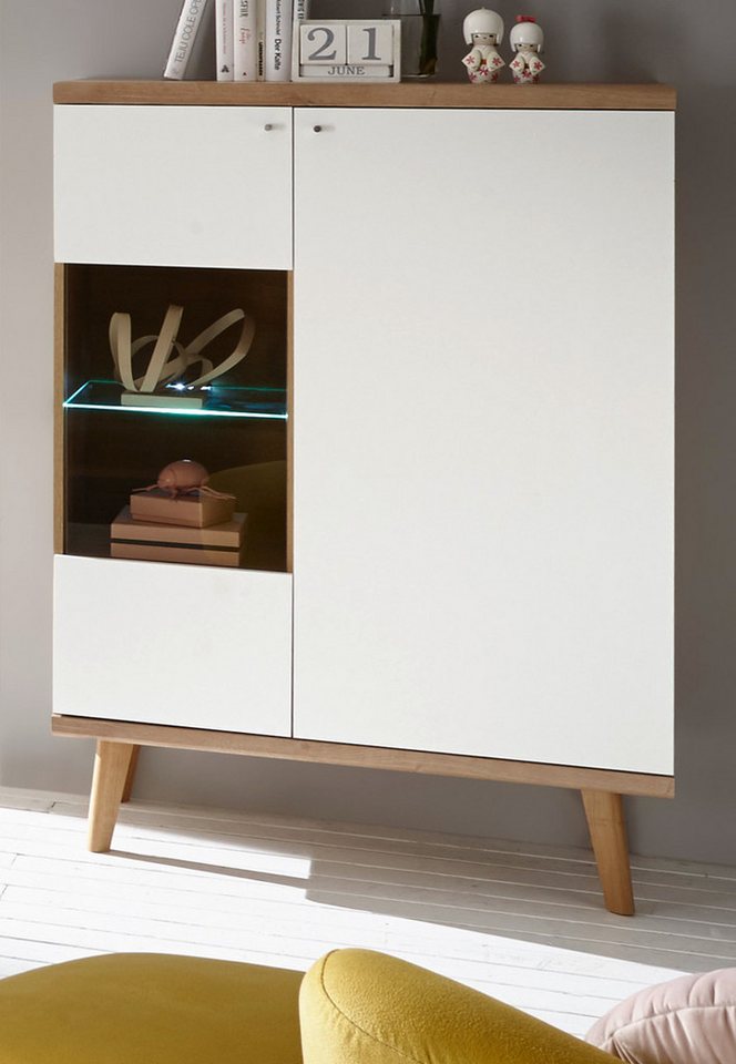 Furn.Design Highboard Helge (Vitrine in weiß und Eiche Riviera, 90 x 134), skandinavisches Design von Furn.Design