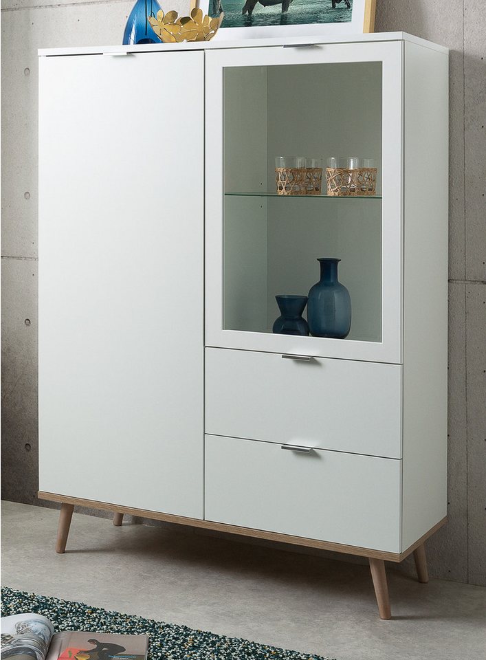 Furn.Design Highboard Lundby (Vitrine in weiß matt mit Eiche Sonoma, 100 x 140 cm), skandinavisches Design von Furn.Design