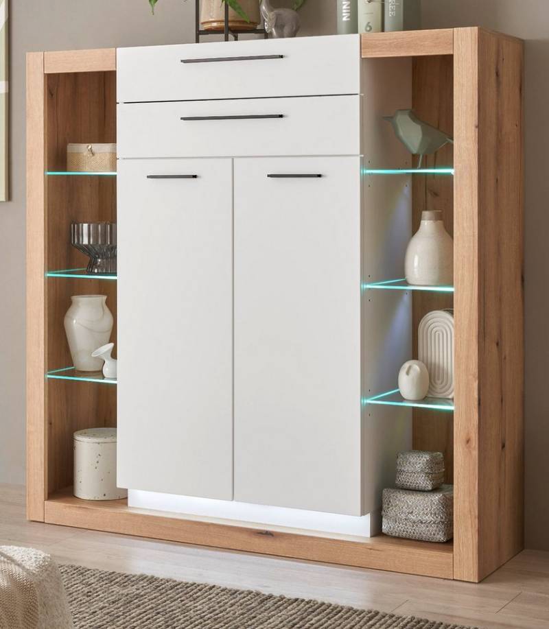 Furn.Design Highboard Rivian (Hochkommode in Eiche Dekor und weiß matt, 141 x 139 cm), 2 Schubladen und 11 Fächer von Furn.Design
