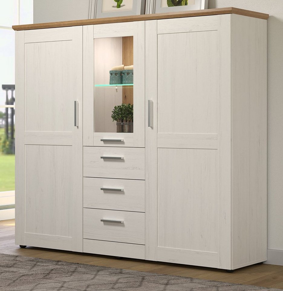 Furn.Design Highboard Cloud (Vitrinenschrank in Pinie weiß Landhaus und Artisan Eiche, 160 x 140 cm), mit 10 Fächern von Furn.Design