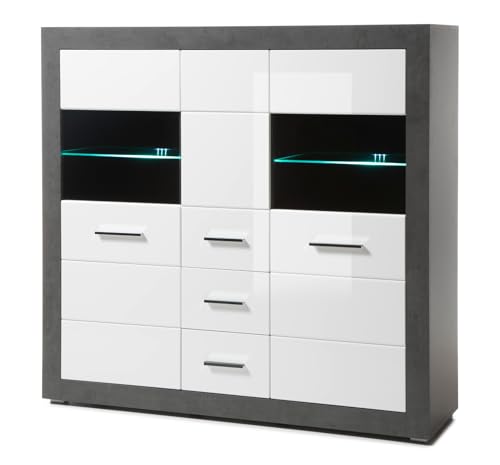Furn.Design Highboard in weiß Hochglanz und grau Stone, Wohn- und Esszimmer Vitrine 149 x 142 cm, Briard von Furn.Design