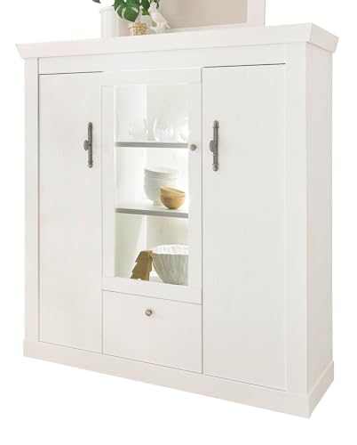 Furn.Design Highboard in weiß Pinie Landhaus Vitrine 140 x 146 cm, Soft-Close-Funktion, Fiastra von Furn.Design