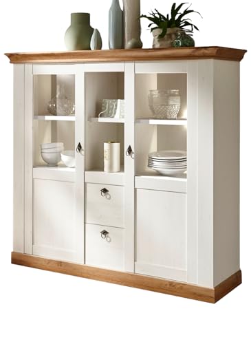 Furn.Design Highboard in weiß Pinie und Eiche Wotan, Landhaus Anrichte 148 x 139 cm, Hemsby von Furn.Design