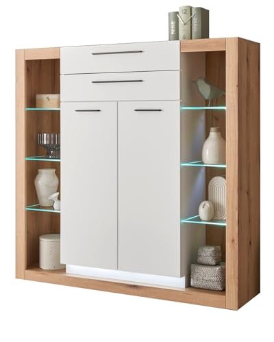 Furn.Design Highboard in weiß matt und Evoke Eiche, Kommode 141 x 139 cm, Rivian von Furn.Design