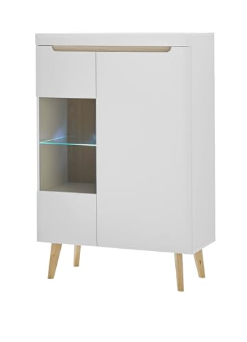 Furn.Design Highboard in weiß matt und Scandi Eiche Vitrine skandinavisch 90 x 134 cm, Isgard von Furn.Design