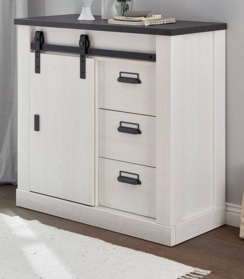 Furn.Design Kommode Stove (Schubkastenkommode in Pinie weiß, 93 x 91 cm), Soft-Close-Funktion mit Schiebetür von Furn.Design