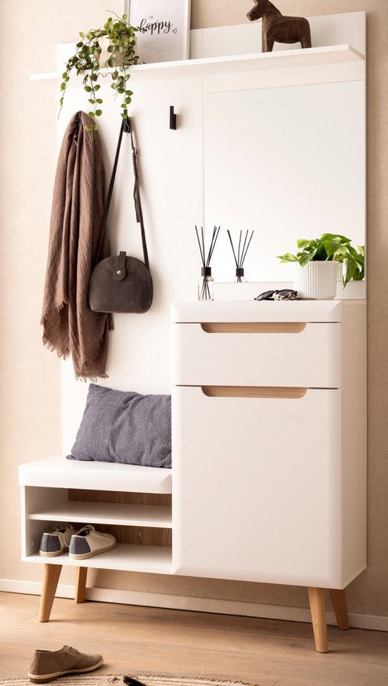 Furn.Design Kompaktgarderobe Isgard (Flurgarderobe in weiß mit Scandi Eiche, 110 x 197 cm) mit Soft-Close von Furn.Design