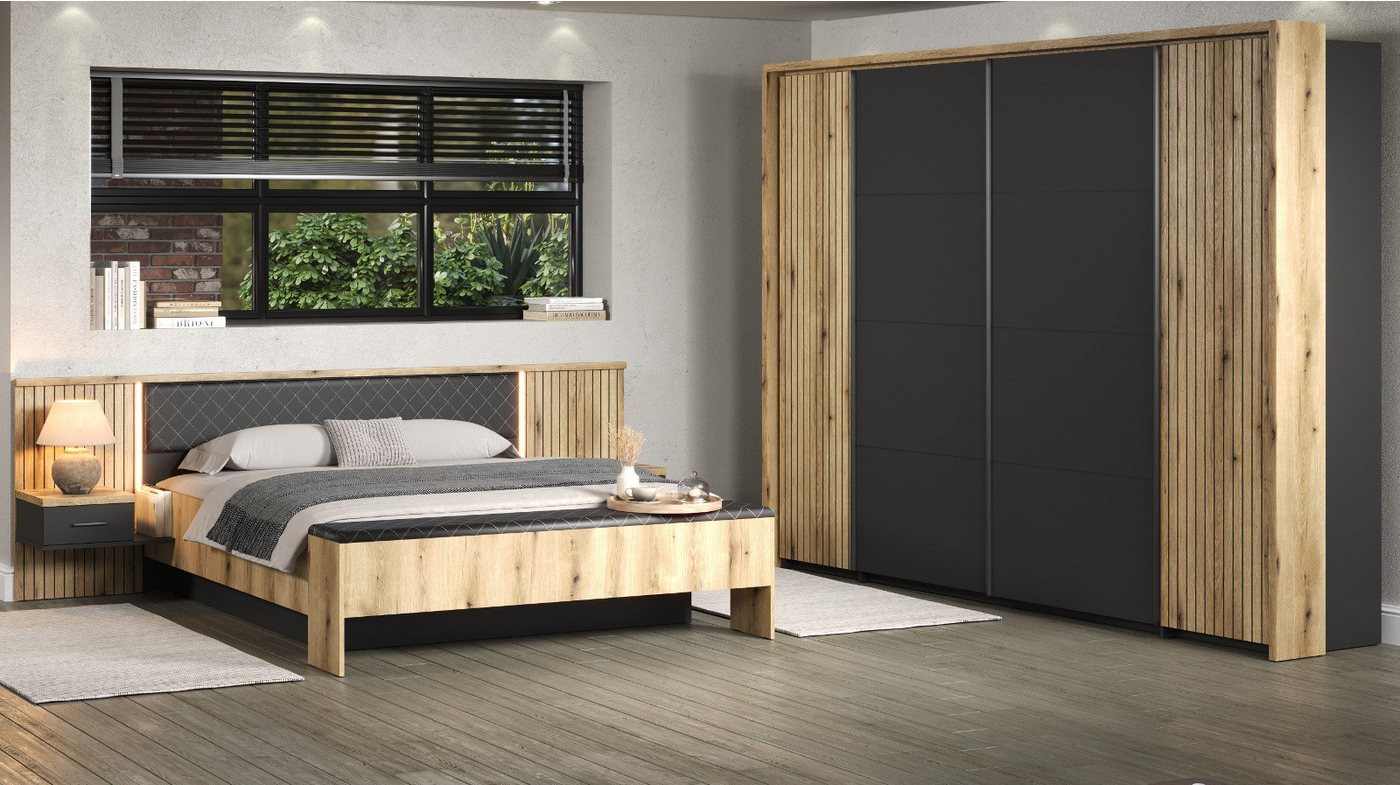 Furn.Design Komplettschlafzimmer Avila, (Set mit Bettanlage (180x200), Nachtschränken und Kleiderschrank), inklusive LED Beleuchtung von Furn.Design