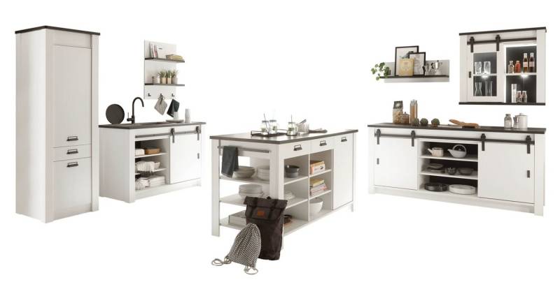 Furn.Design Küchenbuffet Stove (Küche-Set in weiß Pinie Landhaus, 7-St., inklusive Kücheninsel) mit Soft-Close Funktion von Furn.Design