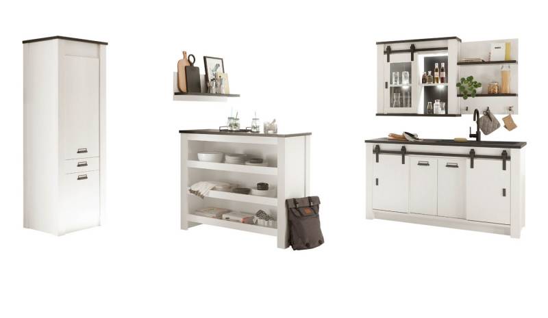 Furn.Design Küchenbuffet Stove (Küche in weiß Pinie Landhaus, 6-St., Set inklusive Küchentheke) mit Soft-Close von Furn.Design
