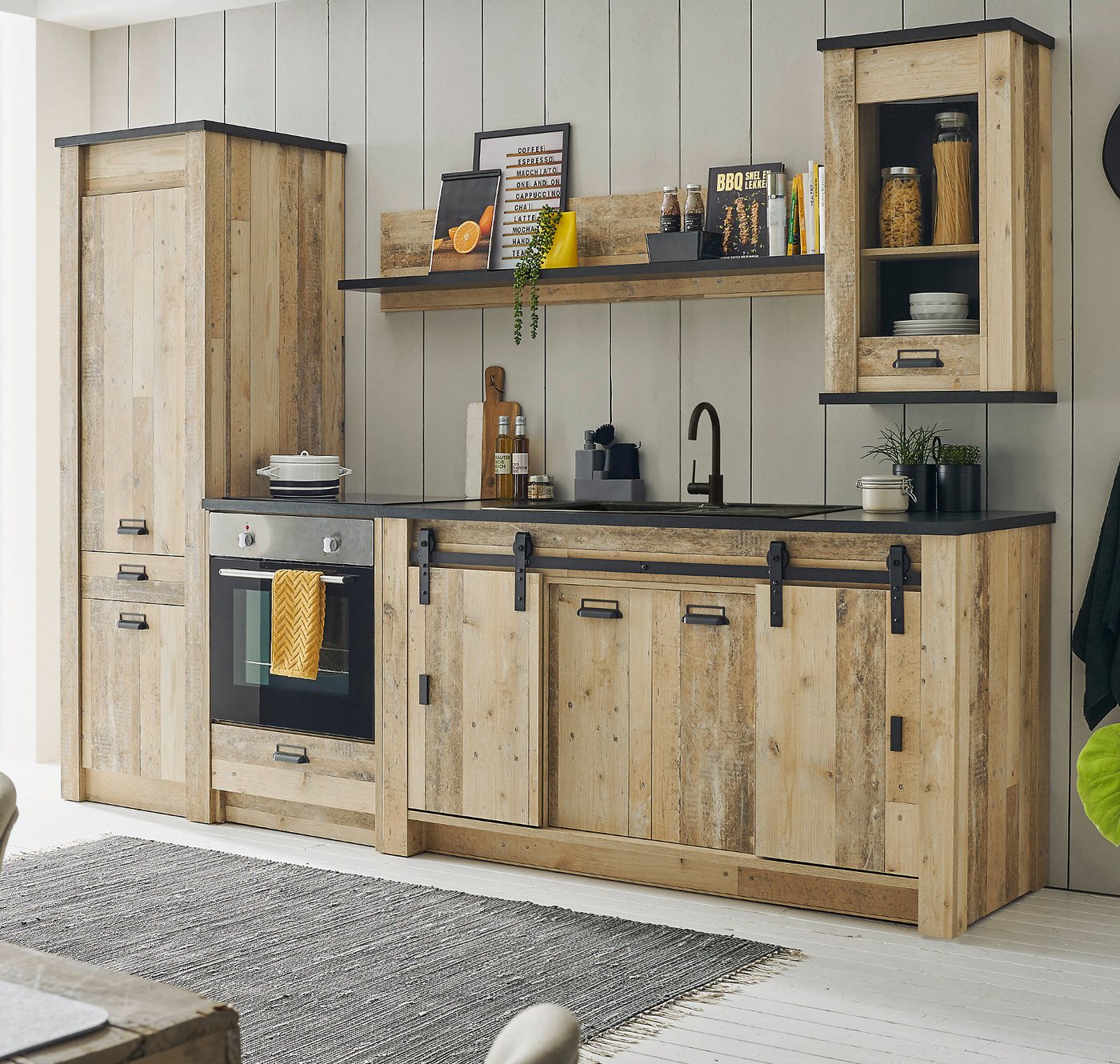 Furn.Design Küchenzeile Stove, in Used Wood, mit Schiebetüren von Furn.Design