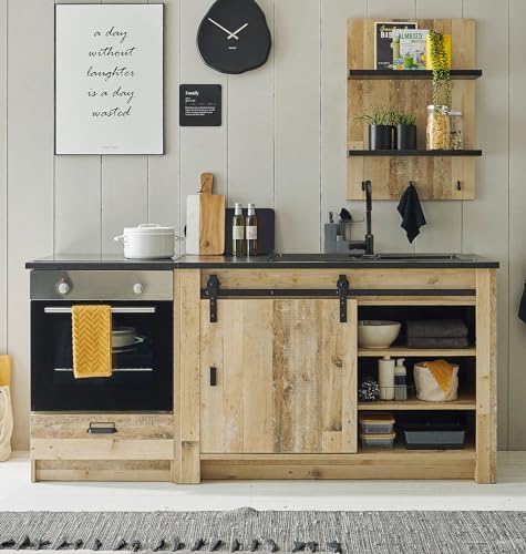 Furn.Design Küchenzeile in Used Wood hell und grau/anthrazit Küchenschrank Set 4-teilig Singleküche Landhaus-Stil 200 cm Stove (Set 4) von Furn.Design