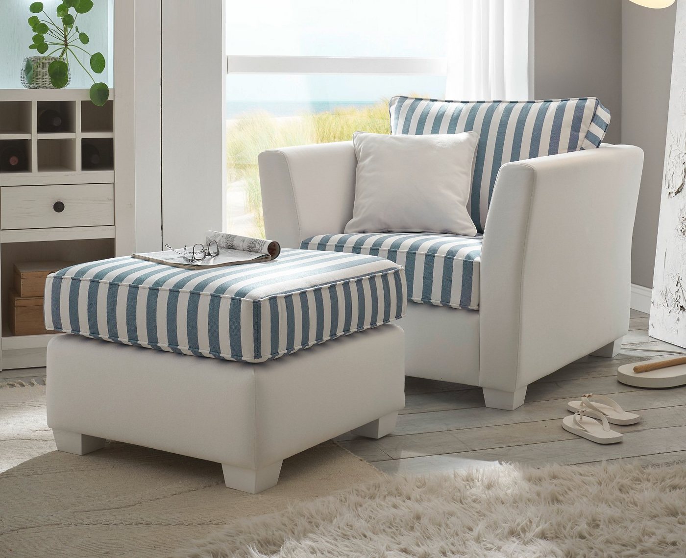 Furn.Design Loungesessel Hooge (Polstersessel in Creme mit blau, Landhausstil), mit Bonell Federkern von Furn.Design