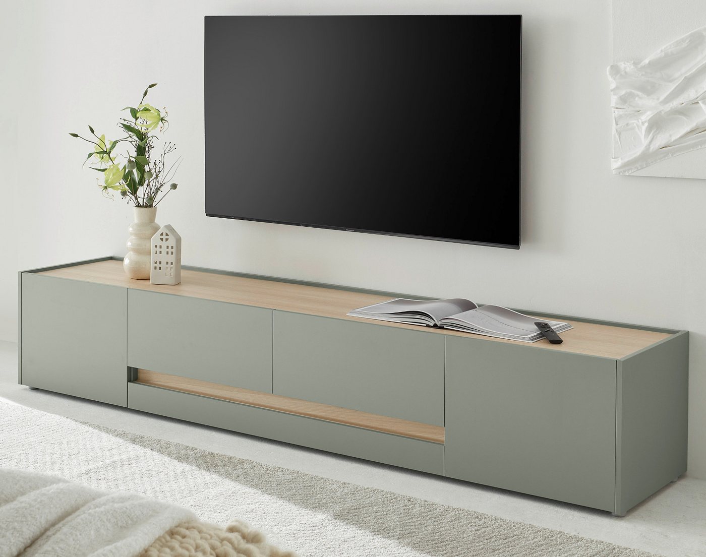 Furn.Design Lowboard Center (TV Unterschrank in Salbei Grün mit Eiche, Breite 220 cm), mit viel Stauraum von Furn.Design