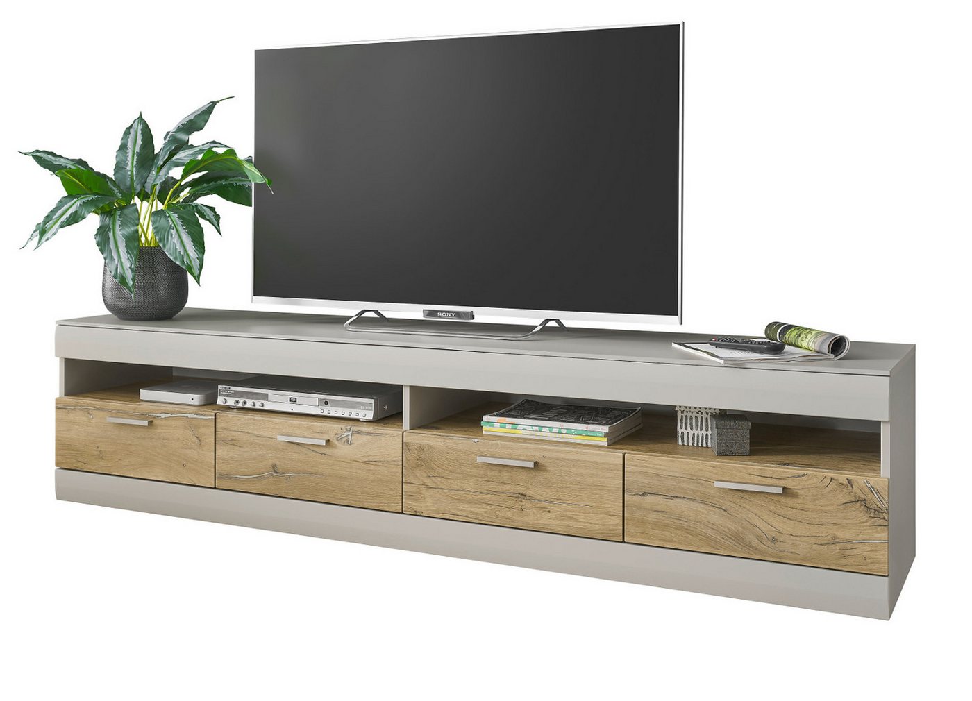 Furn.Design Lowboard Griego (Großer TV Unterschrank in Kieselgrau mit Eiche, Breite 200 cm), mit Soft-Close-Funktion von Furn.Design