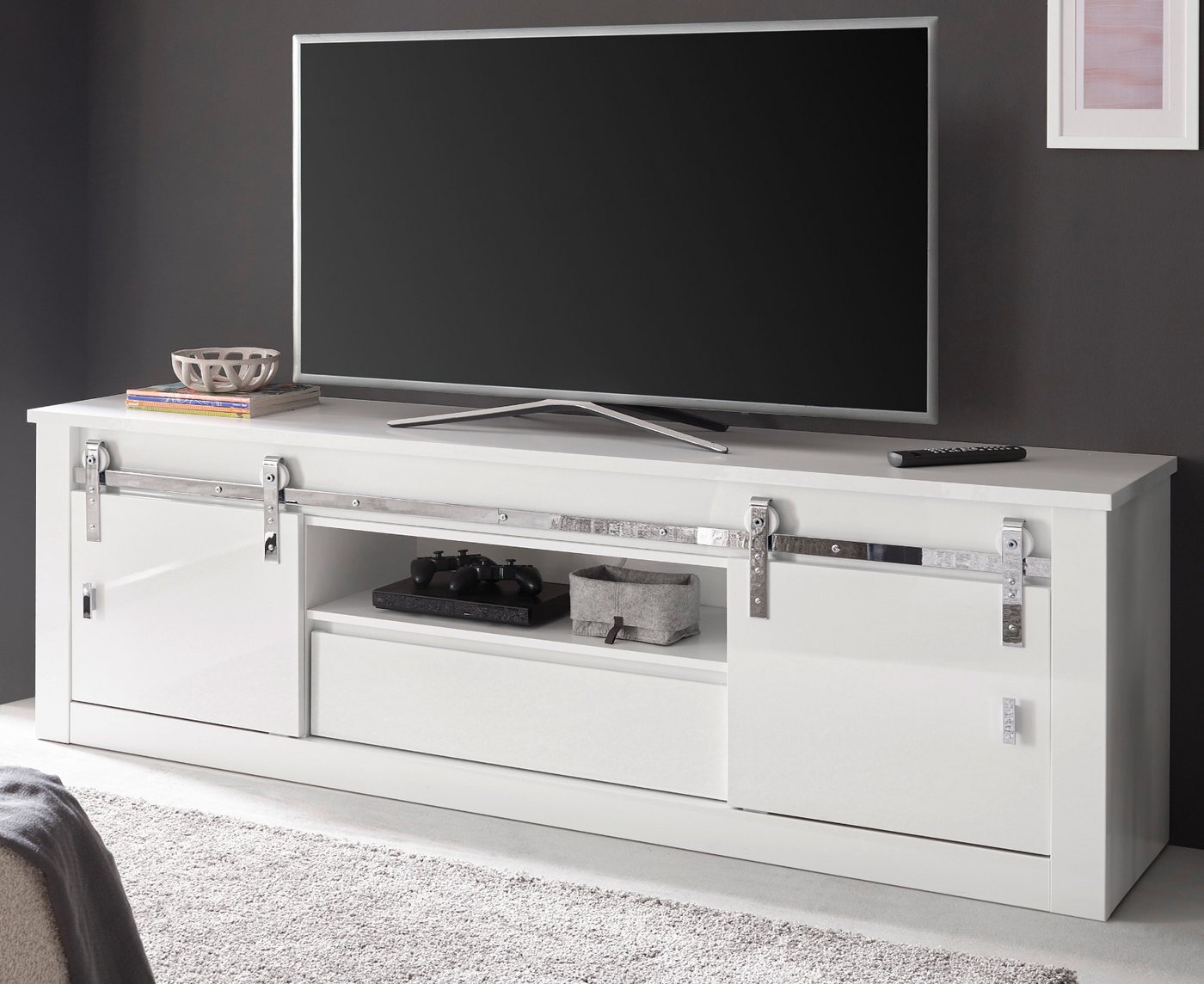 Furn.Design Lowboard Miami (Flat-TV Unterschrank in Weiß Hochglanz, 201 x 66 cm), mit Soft-Close und Schiebetüren von Furn.Design