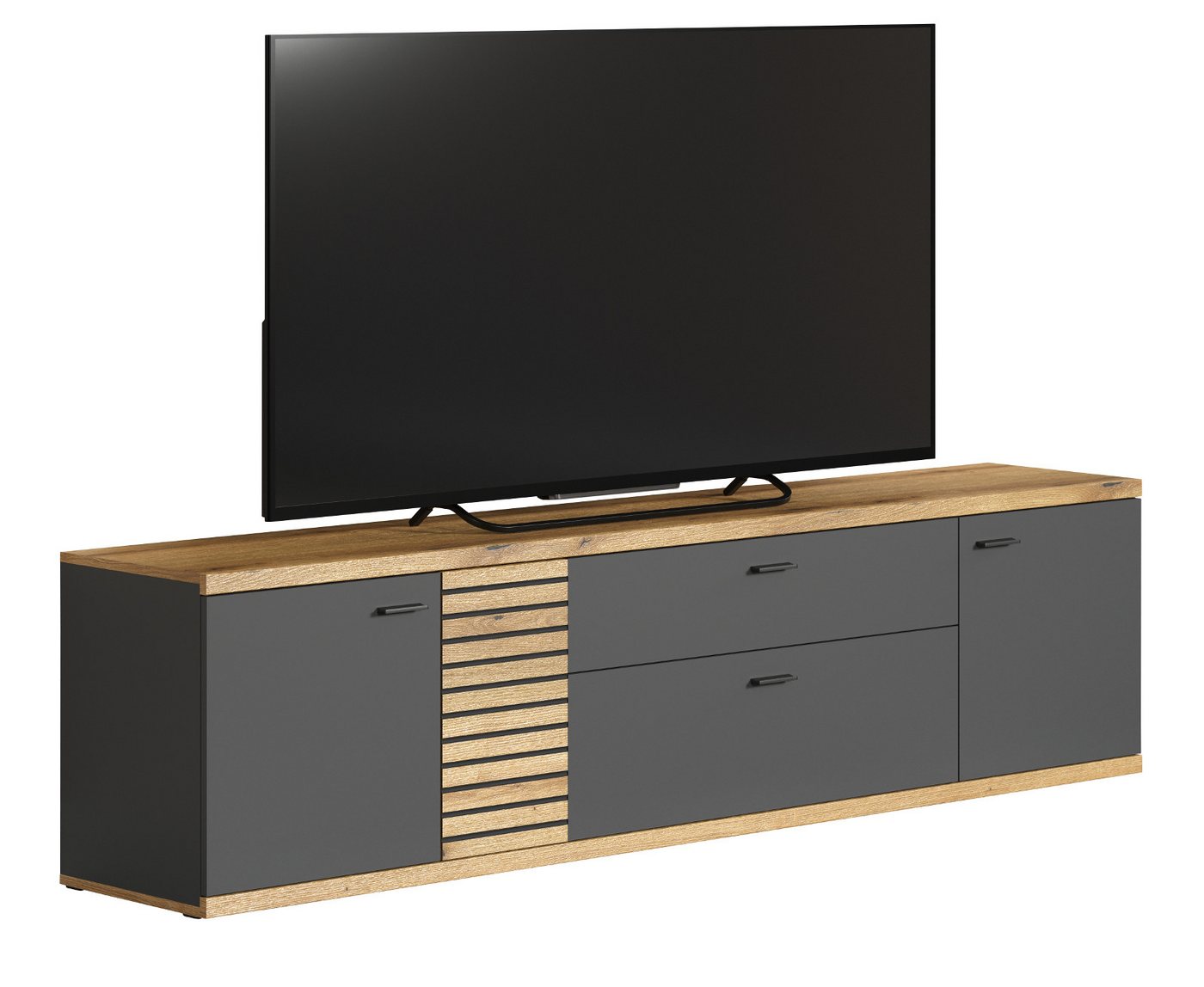 Furn.Design Lowboard Norris (TV Unterschrank in grau mit Eiche, 202 x 55 cm, bis 75), mit Soft-Close-Funktion von Furn.Design