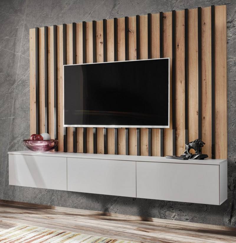 Furn.Design Lowboard Pearl (TV Mediawand in hellem grau mit Eiche, 2 St., Set inkl. Wandpaneel), Push-to-Open-Funktion von Furn.Design