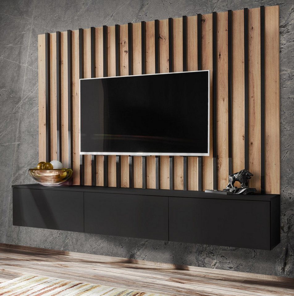 Furn.Design Lowboard Pearl (TV Mediawand in schwarz mit Eiche, Set inkl. Wanpaneel), Push-To-Open-Funktion von Furn.Design