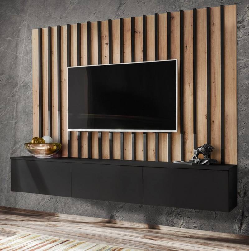Furn.Design Lowboard Pearl (TV Mediawand in schwarz mit Eiche, Set inkl. Wanpaneel), Push-To-Open-Funktion von Furn.Design