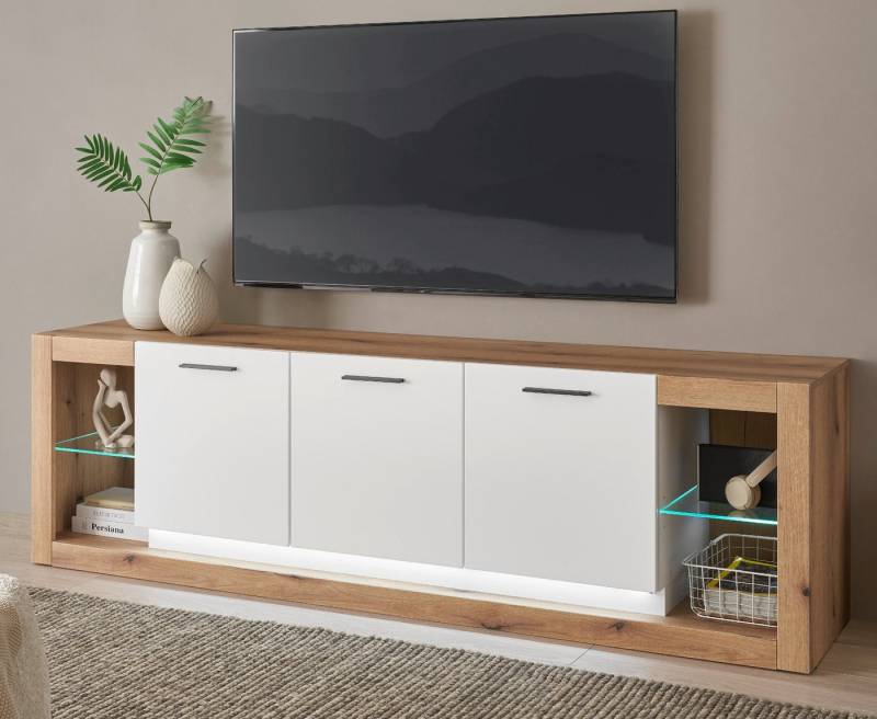 Furn.Design Lowboard Rivian (XL TV Unterschrank in Eiche Dekor und matt weiß, Breite 198 cm), 6 Staufächer, Komforthöhe von Furn.Design