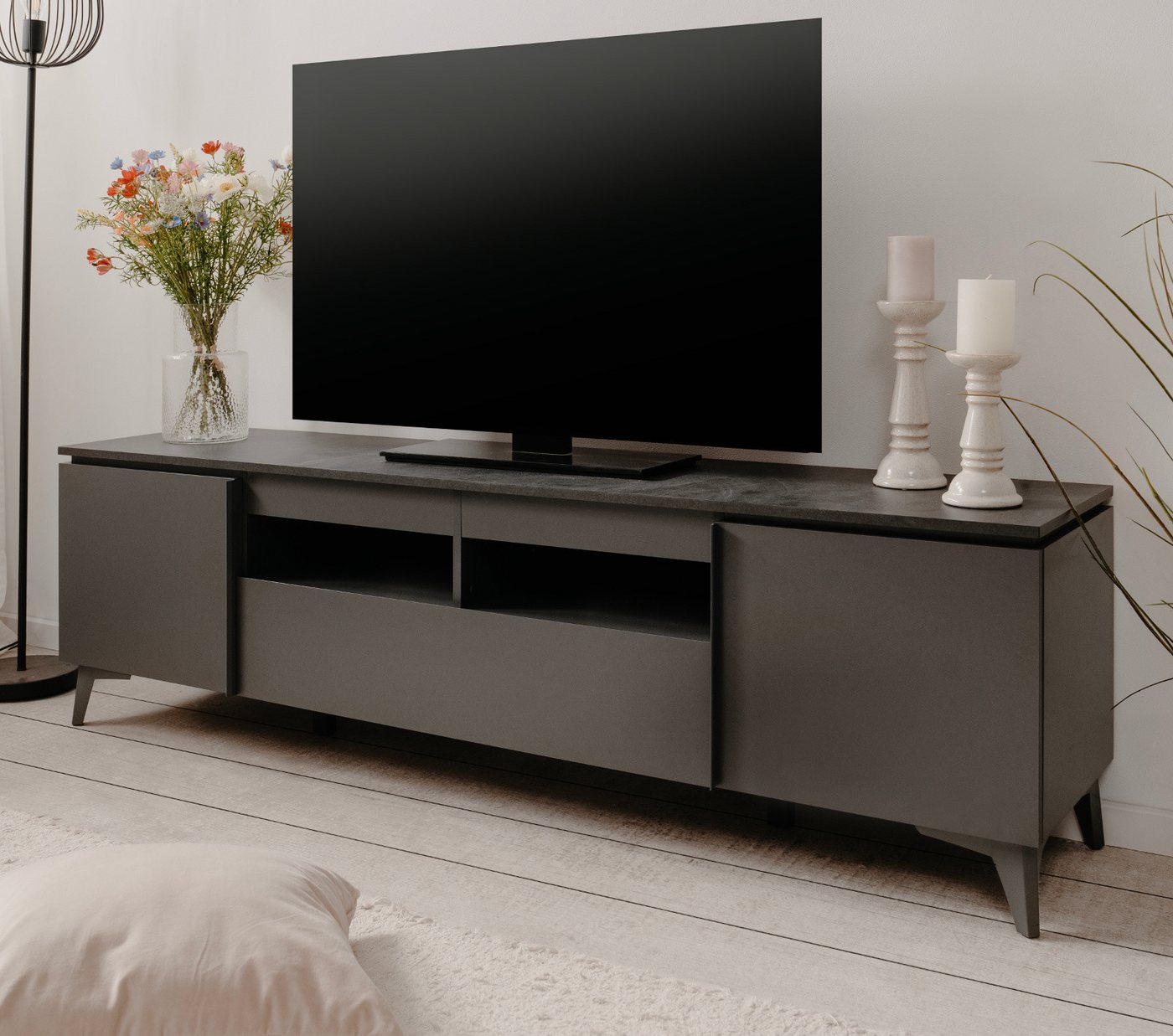 Furn.Design Lowboard Visby (Flat TV Unterschrank in grau, Breite 177 cm), mit Schiefer von Furn.Design