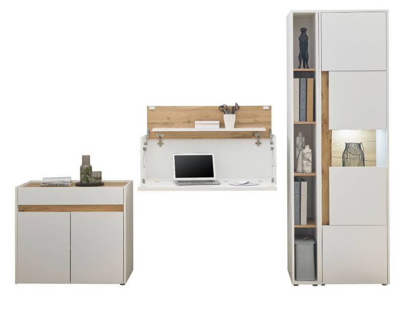Furn.Design Mehrzweckschrank-Set Center, (Homeoffice Wohnwand in weiß mit Wotan Eiche, 4-teilig, 270 x 200 cm), integrierter Sekretär von Furn.Design