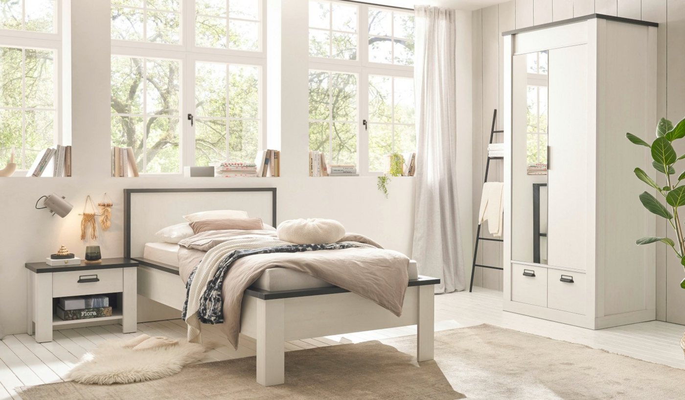 Furn.Design Schlafzimmer-Set Stove, (in weiß Pinie, 3-tlg., Komplett-Set mit Einzelbett 90x200 cm), Soft-Close-Funktion von Furn.Design