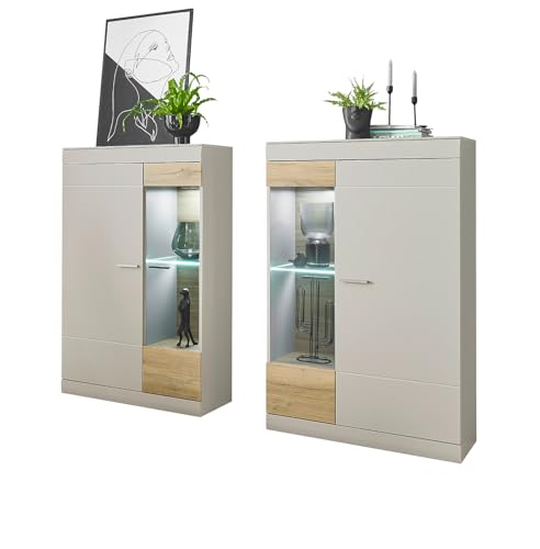 Furn.Design Schrank Set 2-teilig in Kieselgrau matt und Zinneiche Wohnkombination 2 x Vitrine 190 x 139 cm, Griego von Furn.Design