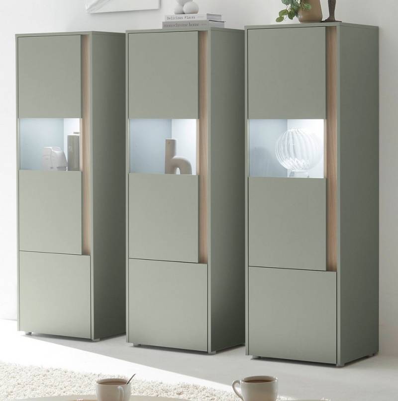 Furn.Design Schrank-Set Center, (Komplett-Set, 3x Vitrine in Salbei Grün mit Eiche), verschiedene Stellmöglichkeiten von Furn.Design