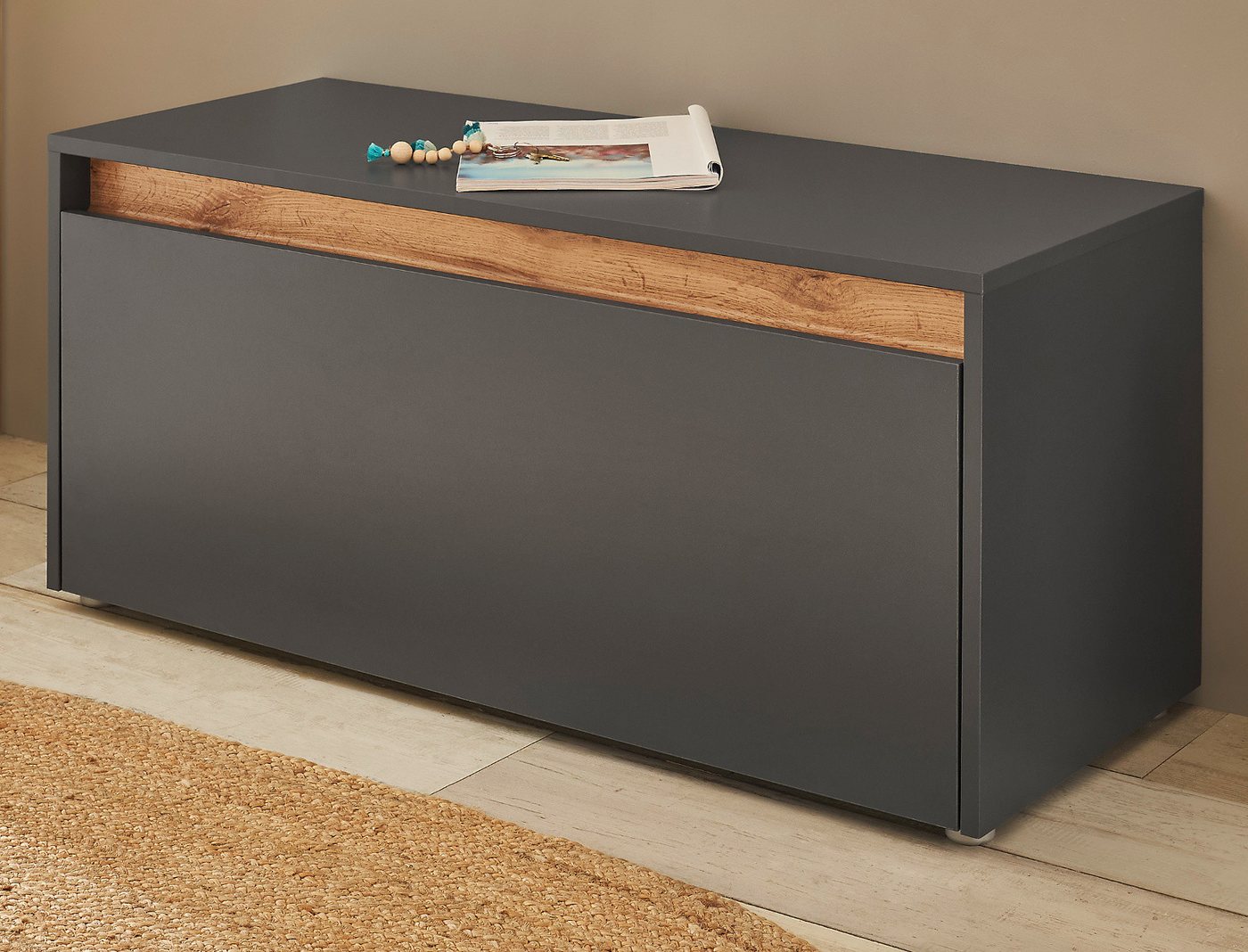 Furn.Design Schuhbank Center (Garderobenbank in grau matt mit Wotan Eiche, 100 x 45 cm), mit 4 Fächern von Furn.Design