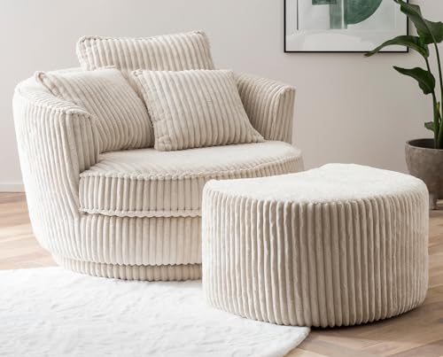 Furn.Design Sessel in beige/wollweiß Cord Stoff XL Drehsessel 360° drehbar inklusive 3 x Kissen Relaxsessel mit Fußhocker Comfy (Wollweiß, Mit Hocker) von Furn.Design