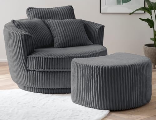Furn.Design Sessel in grau Cord Stoff XL Drehsessel 360° drehbar inklusive 3 x Kissen Relaxsessel mit Fußhocker Comfy (Grau, Mit Hocker) von Furn.Design
