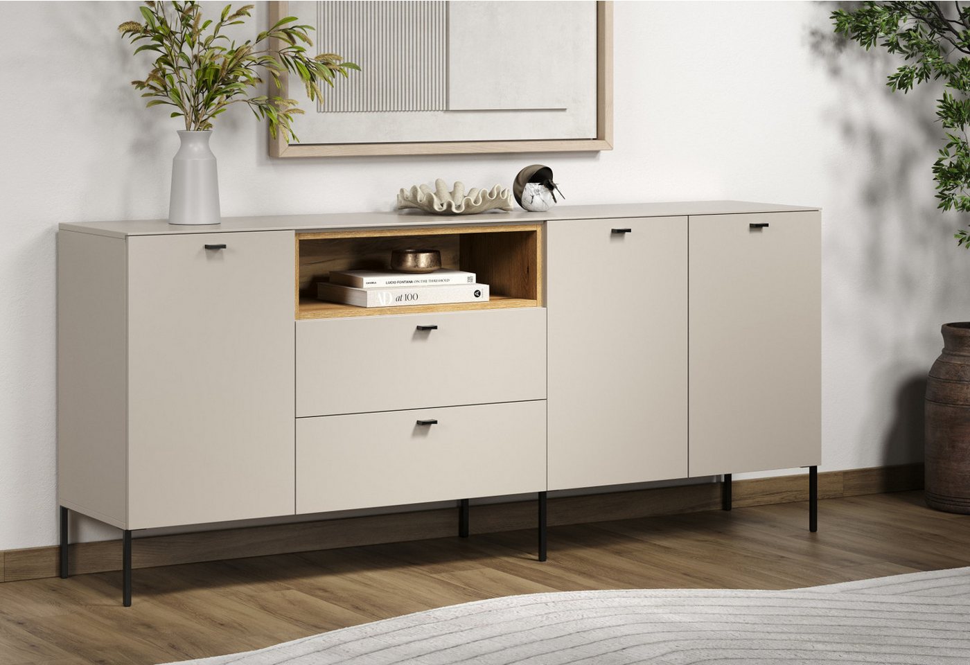 Furn.Design Sideboard Alegro (Kommode in Sand / Cashmere mit Eiche Dekor, 197 x 85 cm), mit Soft-Close-Funktion von Furn.Design