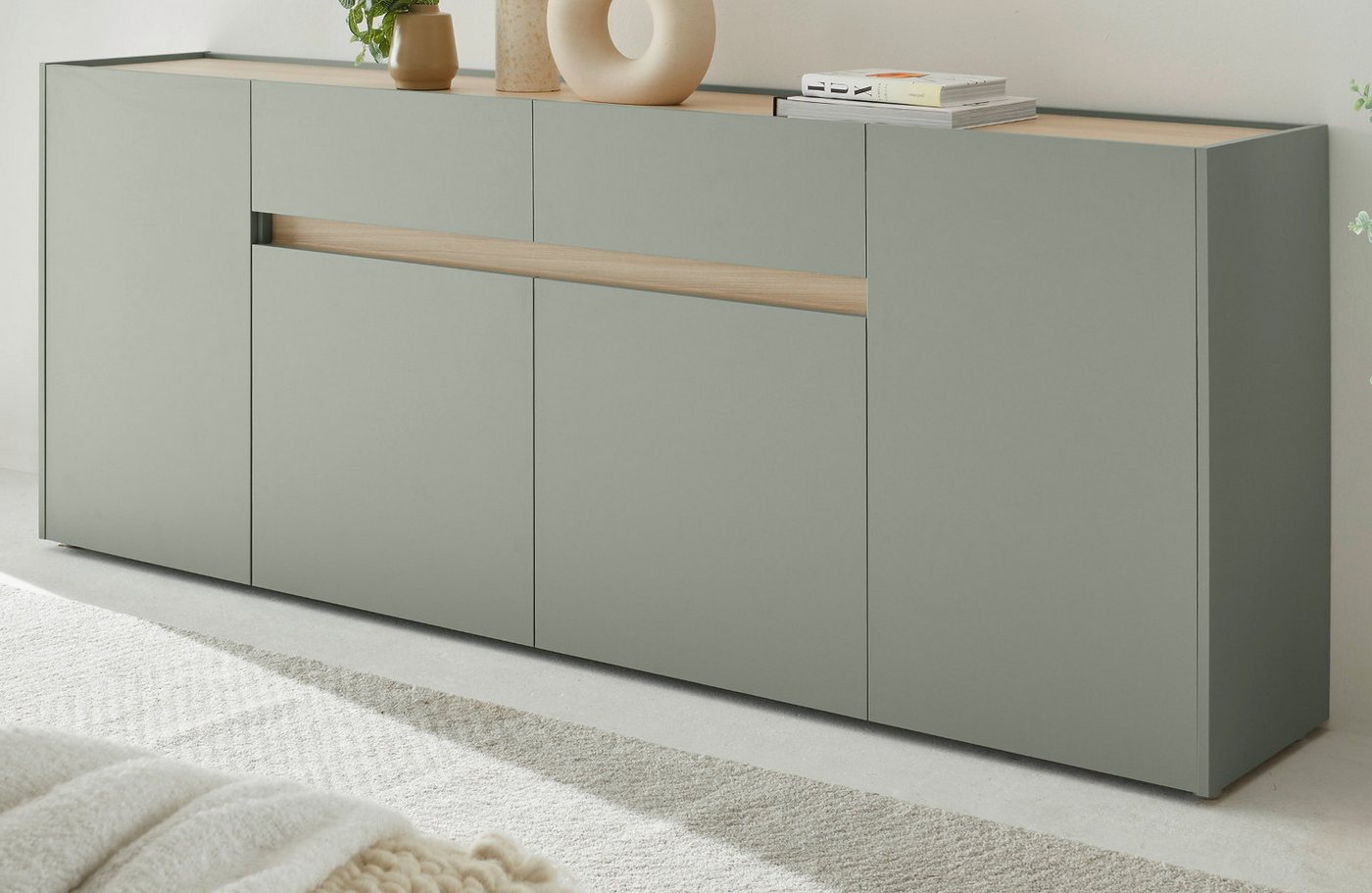 Furn.Design Sideboard Center (große Kommode in Salbei Grün mit Eiche, 4-türig, 223 x 87 cm), mit 8 Fächern und 2 Schubladen von Furn.Design